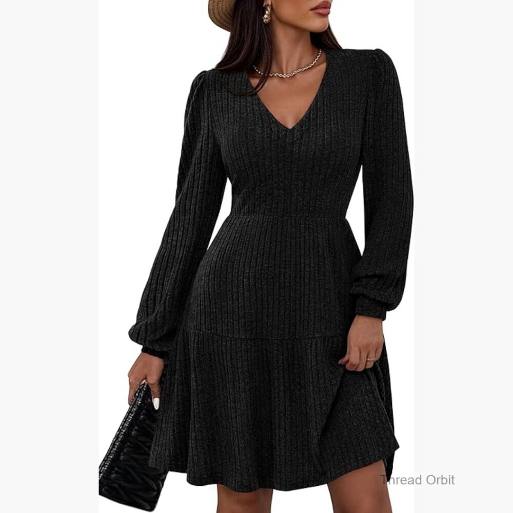 Long Sleeve V-Neck Sweater Dress with Pockets, Fit and Flare
